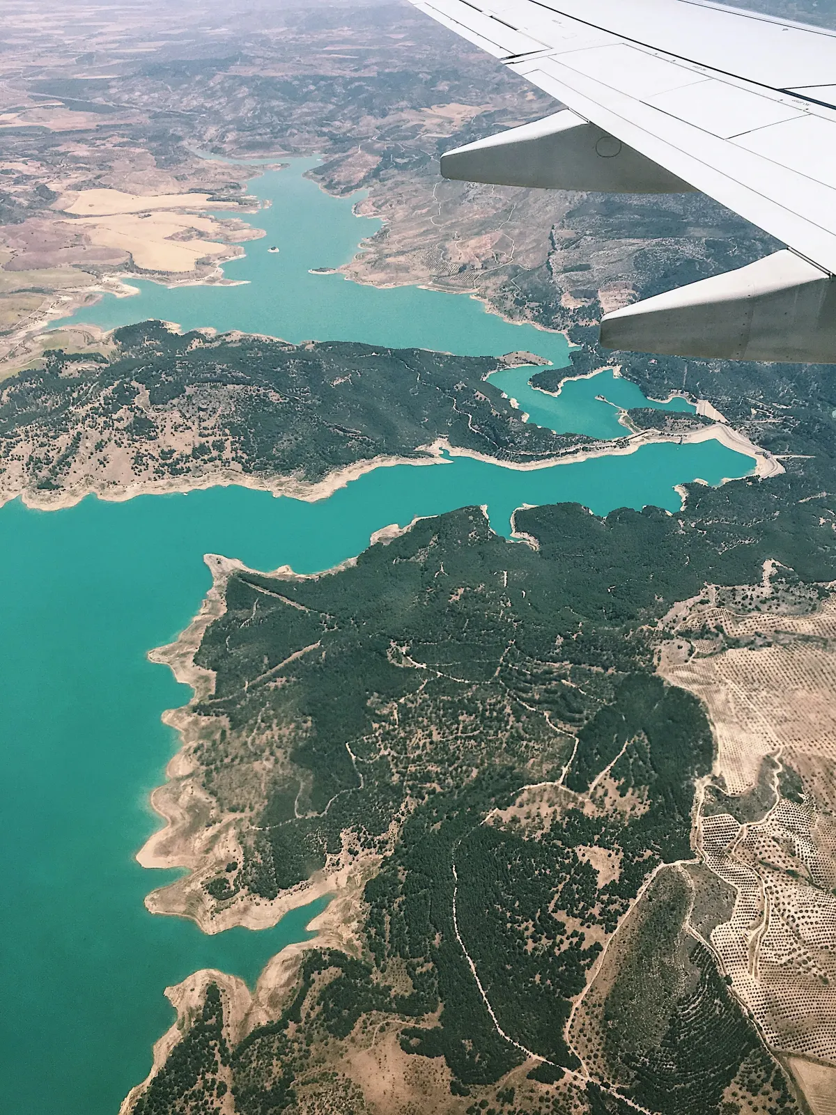 Aerial view of a turquoise lake and green hills from an airplane